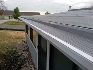 A close-up view of a house’s roof gutter covered with a metal mesh guard, with a lawn, walkway with stones, and neighboring houses visible in the background.