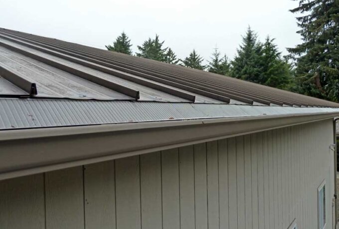 A close-up view of a metal roof with a gutter guard installed on a light-colored building, surrounded by evergreen trees.
