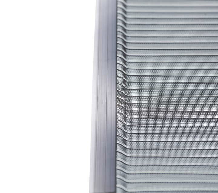 Close-up of a modern metallic structure featuring evenly spaced horizontal slats or vents, with a vertical metallic strip on the left, set against a white background.