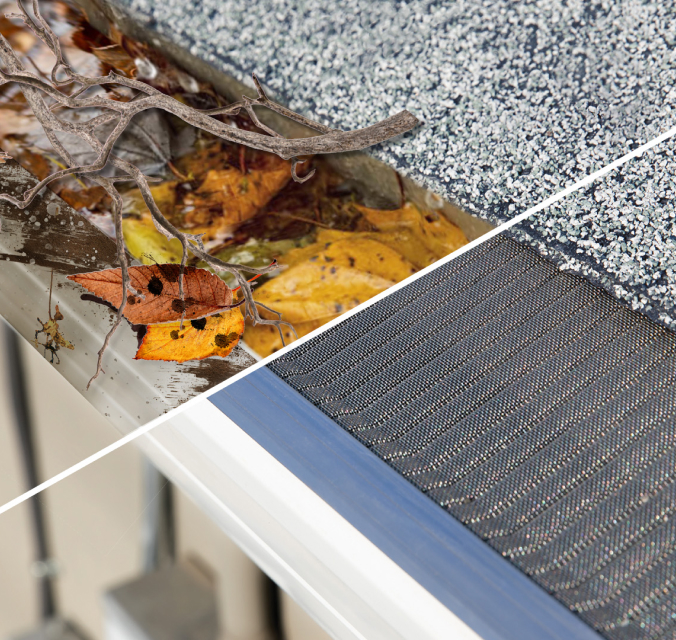 A split-image shows a house gutter: the left side is clogged with wet leaves and debris, while the right side has a clean, covered gutter guard preventing blockages.